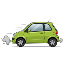 Green Cartoon Car Speeding with Exhaust and Motion Lines