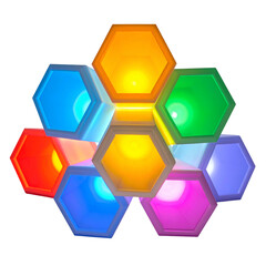 Illuminated hexagonal shapes glow in vibrant rainbow colors against black.
