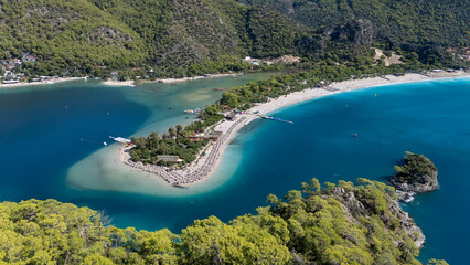 Aerial view of the famous Blue Lagoon beach in Oludeniz, Fethiye, Turkey