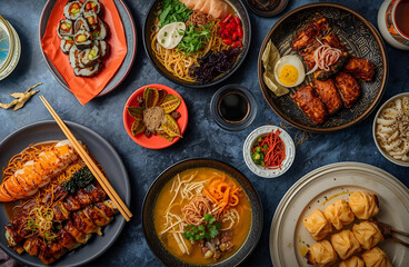 Assorted Asian Food Dishes with Noodles, Sushi, and Dim Sum from Top View