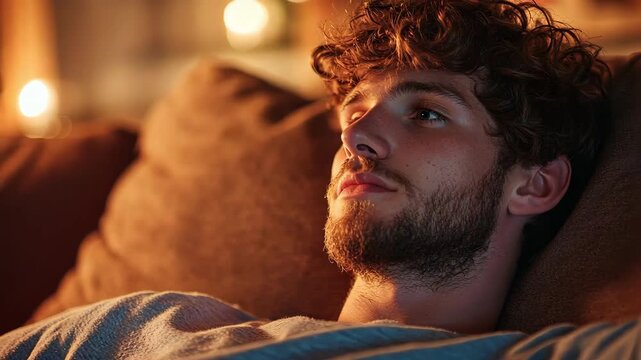 Relaxed man lying on a couch, looking thoughtful in warm, ambient lighting.