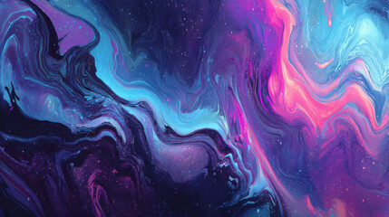 Abstract fluid art background with vibrant neon blue, purple, and pink colors swirling together, creating mesmerizing cosmic effect