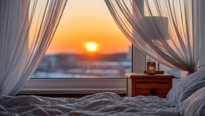 Sunrise through sheer curtains, bedroom view