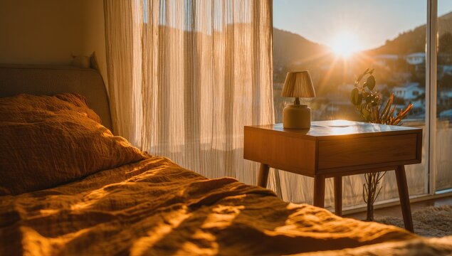 Fototapeta Golden sunset streams into a bedroom with warm linen bedding