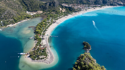 Aerial view of the famous Blue Lagoon beach in Oludeniz, Fethiye, Turkey