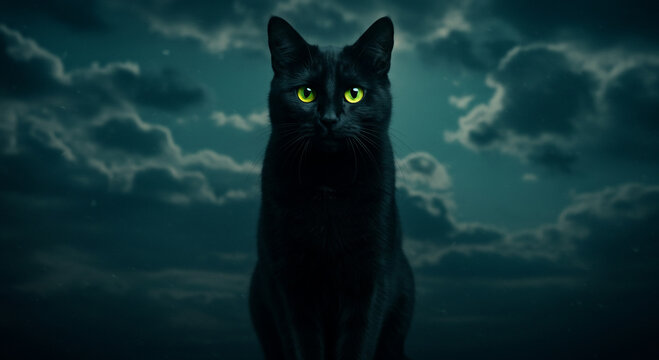 Black cat with glowing eyes under dark cloudy night sky, mysterious Halloween background symbolizing superstition and magical atmosphere.
