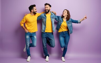 Fototapeta premium Full length size body photo of three funny funky ecstatic excited delightful buddies having fun on weekend isolated violet background. High quality