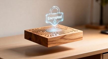 Advanced cybersecurity concept with a holographic encrypted padlock symbolizing digital data protection and internet security