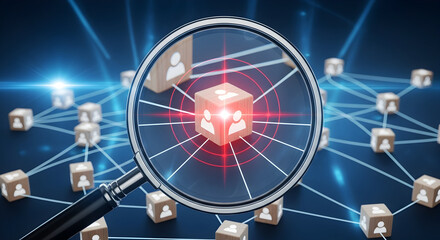 Find top talent, magnifying glass focusing on connected people network