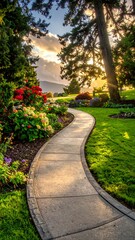 Obraz premium A winding pathway meanders through a vibrant garden, bathed in the warm glow of a sunset