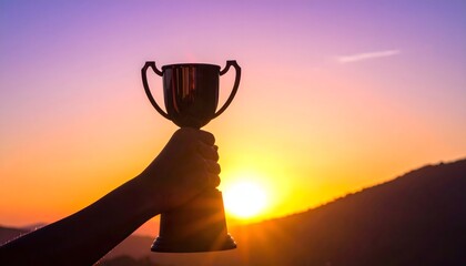 Silhouette of a hand holding a trophy against a golden sunset sky
