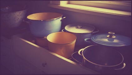 Kitchen drawer filled with colorful enamel pots and pans