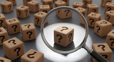 Magnifying glass focuses on wooden cube with question mark, exploring mystery.