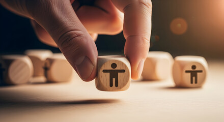 Hand selecting a wooden cube with a human icon