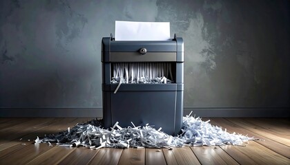 An office shredder with paper, creating a mess, placed on a wooden floor with a textured wall backdrop