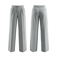 Full length light grey pleated wide leg trousers from front and back.