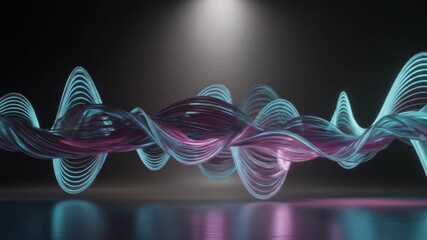 Abstract 3D Digital Sound Waveform Visualization with Teal and Magenta Hues Illuminated by Spotlight on Textured Concrete Wall and Reflective Surface - Powered by Adobe