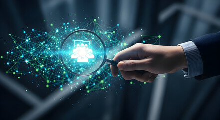 Obraz premium Magnifying glass reveals team success in glowing network