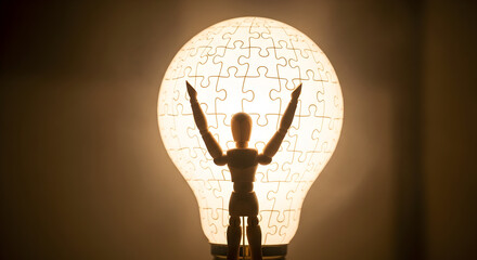 Mannequin celebrates bright idea inside glowing puzzle lightbulb
