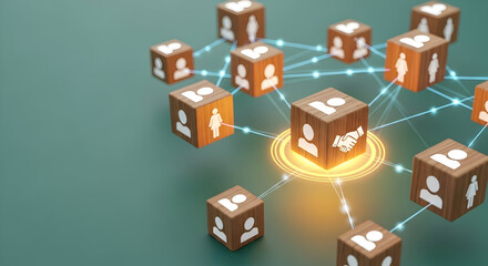 Connected network of people cubes with handshake symbol signifying collaboration