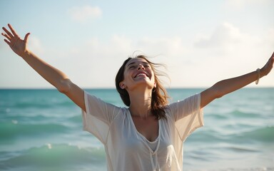 happy woman enjoying freedom with open hands on sea. High quality