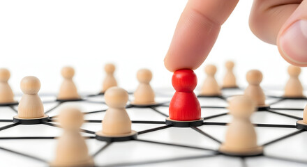 Obraz premium Finger selects unique red figure from connected wooden pawns network