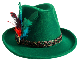 Green Tyrolean Bavarian style hat with decorative braided band and vibrant feather, traditional folk festival accessory, isolated on a transparent background, PNG