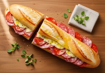Artisan Italian Salami Baguette with Melted Cheese & Olive Oil Drizzle &mdash; Gourmet Deli Sandwich