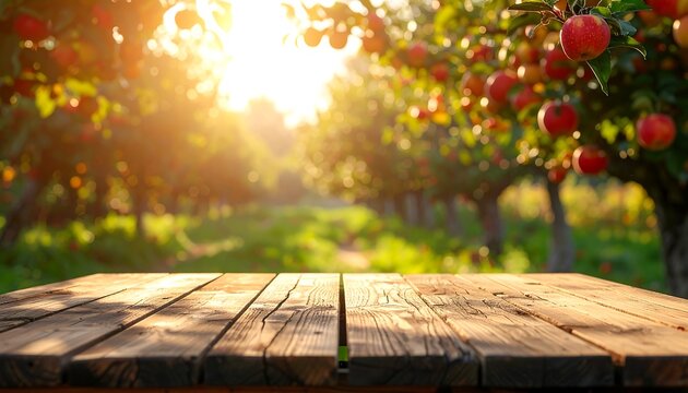 A sunny apple orchard with a wooden table in the foreground