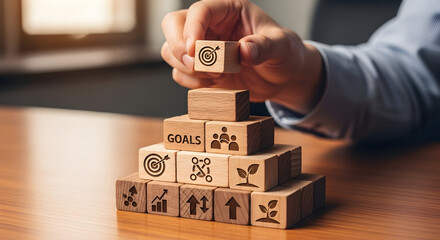 Achieve business goals with strategic wooden blocks forming a success pyramid