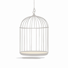 Empty birdcage hangs suspended symbolizing freedom loss or confinement in illustration