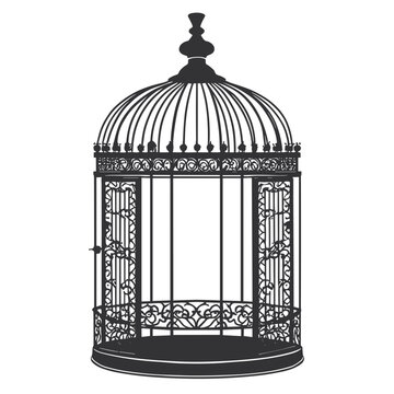 Ornate vintage birdcage illustration evoking freedom and confinement in monochrome style