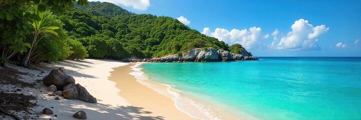 Pristine Desert Island Beach Turquoise Waters Lap Lush Shores, Dramatic Cliffs, Vacation Paradise
