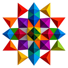 Geometric starburst pattern with colorful triangular prisms and black background.
