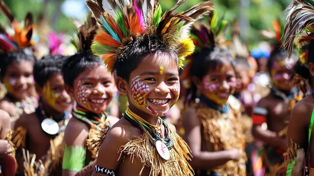 Joyful indigenous children celebrate with colorful face paint and feather headdresses.