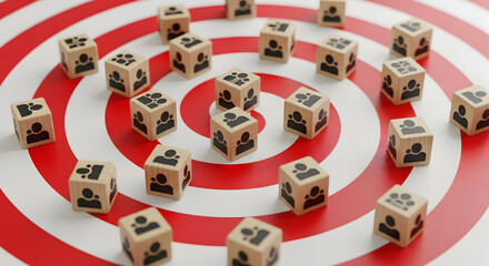 Targeted audience concept wooden blocks on bullseye, marketing strategy success