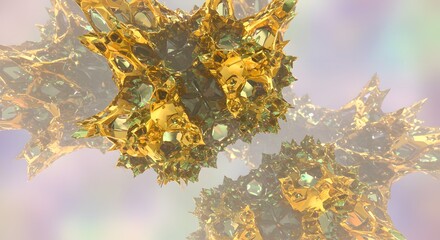 Abstract 3D rendering of golden, crystalline structures floating in a hazy, colorful space