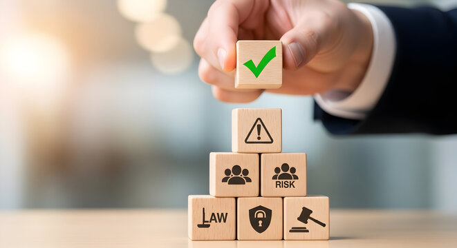 Business professional places checkmark cube, symbolizing compliance success and risk management
