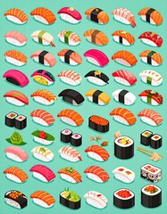 Naklejka premium Assorted Sushi Platter - A Delicious Japanese Culinary Collection.