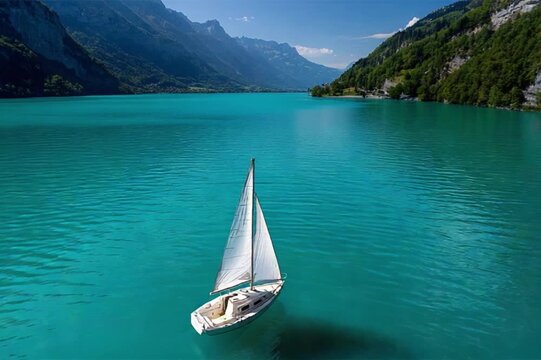 Serene Sail: A solitary sailboat gracefully glides across a turquoise lake, framed by majestic mountains under a clear blue sky. Capturing the essence of tranquility and adventure.