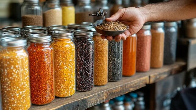 Colorful Seeds and Grains in Jars - A Sustainable Pantry.