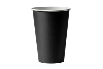 Empty tall black paper coffee cup with white rim isolated