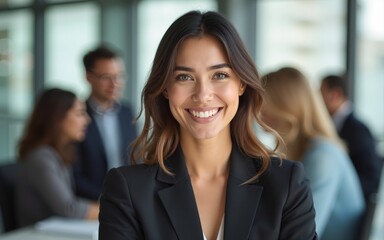 Female leader, manager or CEO with a smile, mission and vision in the office and her team in the background. Leadership, management and success with a woman boss and corporate business people at work