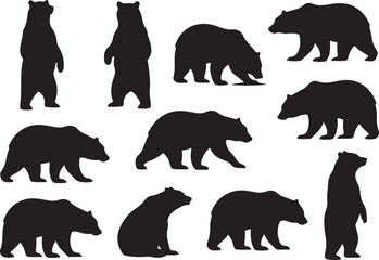 Bear silhouettes: A collection of bear silhouettes on a pure background, capturing different poses and activities of these majestic creatures.