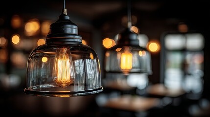 Black pendant light with clear glass shade and two glowing bulbs, soft diffused lighting highlighting specular reflections on the glass and warm luminous glow, shallow depth of field medium shot