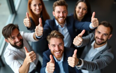 Thumbs up from a happy business team excited about the success they achieve together at work. Overhead view diverse group of corporate people excited by success and give approval to winning