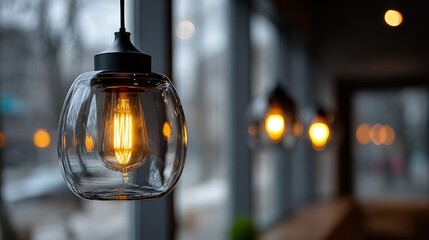 Black pendant light with clear glass shade and two glowing bulbs, soft diffused lighting highlighting specular reflections on the glass and warm luminous glow, shallow depth of field medium shot