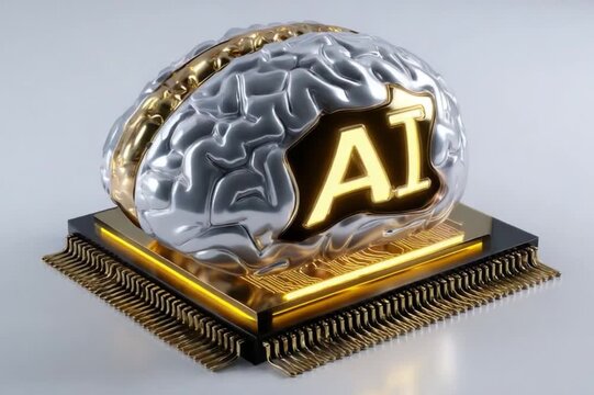 The Intelligent Evolution: A sophisticated depiction of Artificial Intelligence (AI), featuring a metallic brain intricately integrated with a computer chip.