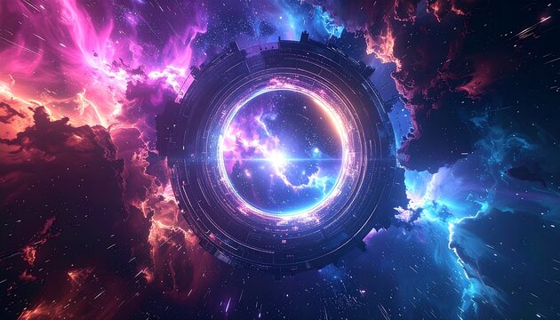 Abstract depiction of a portal or celestial object with vibrant colors and a glowing core - Powered by Adobe