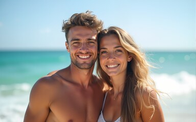 Beautiful young smiling couple spending time at the beach. High quality